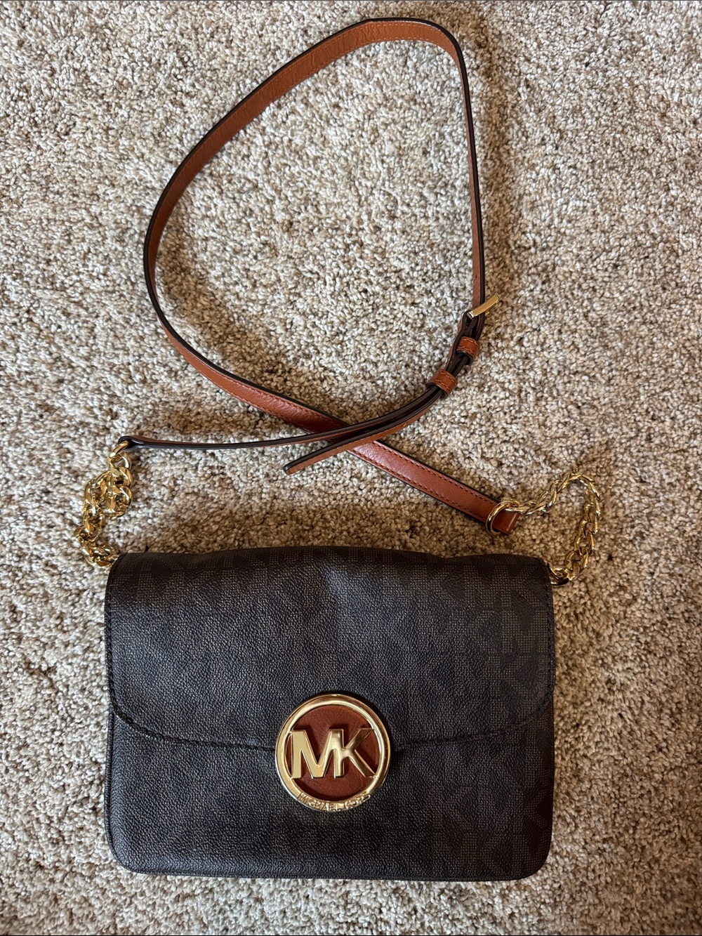 Michael Kors Brown Logo Crossbody with Gold Hardware and Tan Strap
